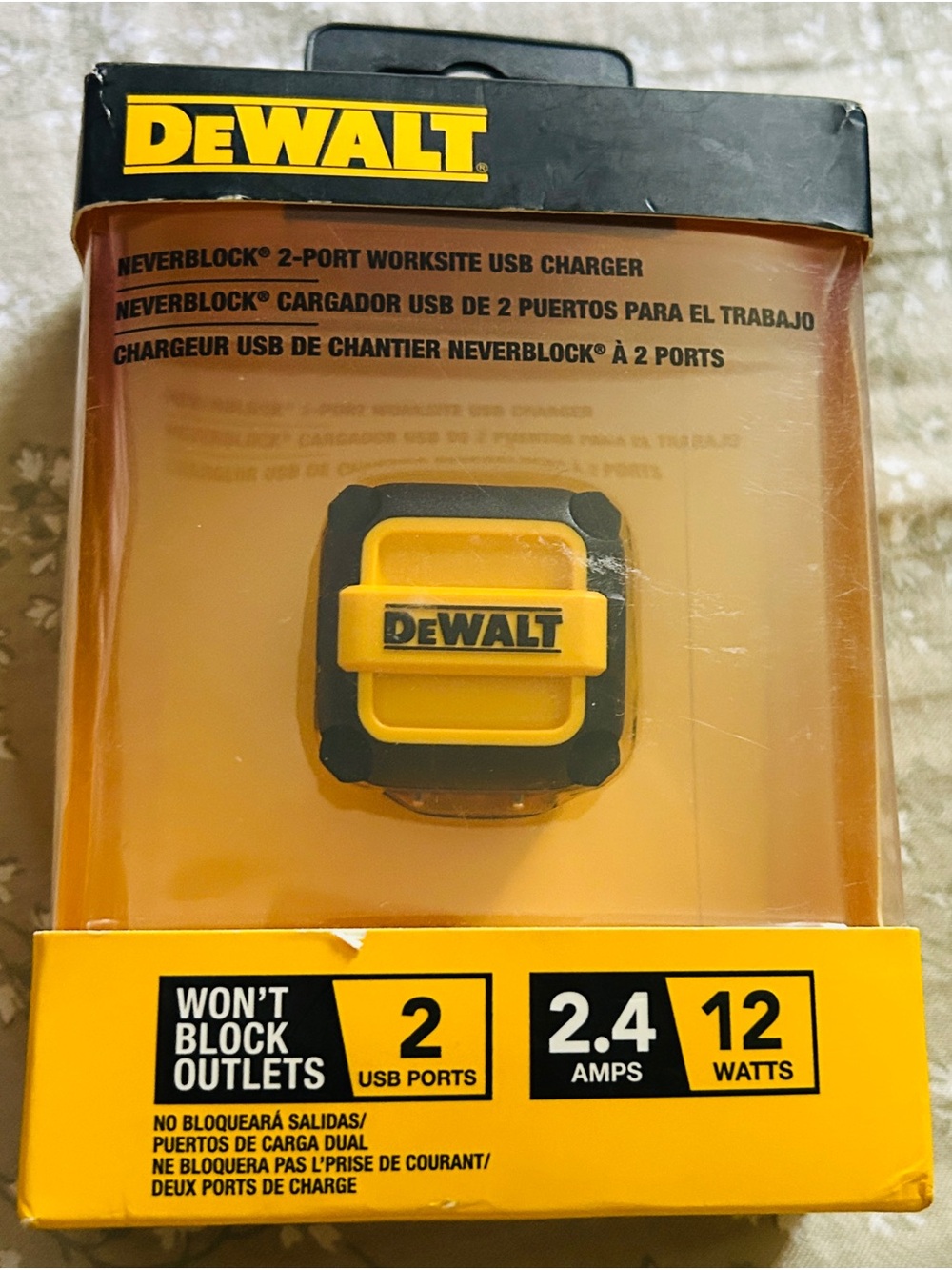 DEWALT NeverBlock 2-Port USB Charger - 2 Port Worksite. Yellow/Black